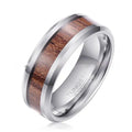 Men's Ugyen ring with wood and leather design in tungsten gold electroplating showing rose gold and steel colour options