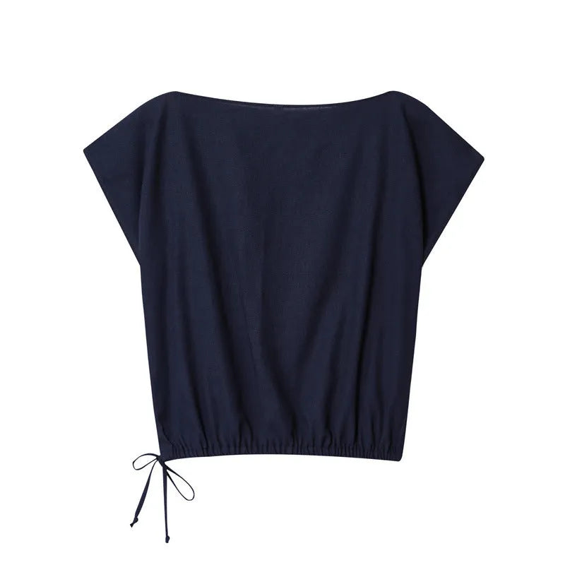 Women's linen blend suit with flounced sleeves and wide leg trousers for office wear