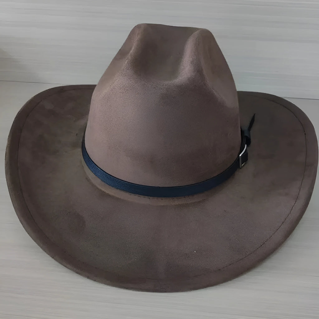 Brown leather velvet Western cowboy hat with curved brim and conical crown.