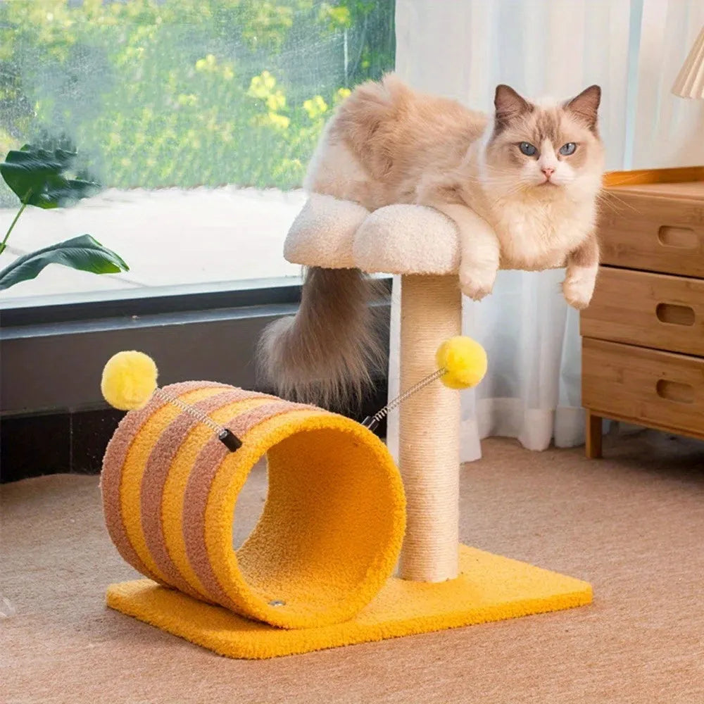 Yellow bee-shaped cat climbing frame with sisal scratching board and tunnel, dimensions 46x36x25cm