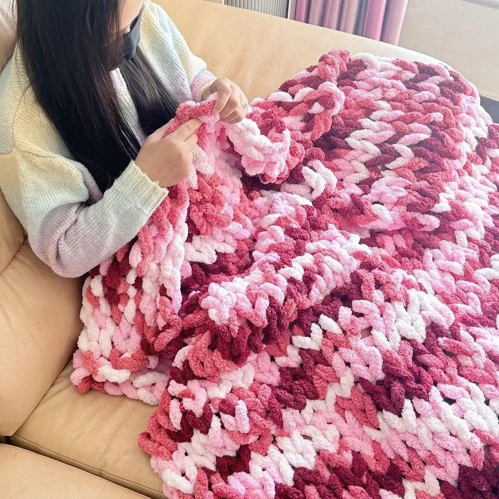 Chenille knitted blanket with braided texture in modern style showing colour options and size range