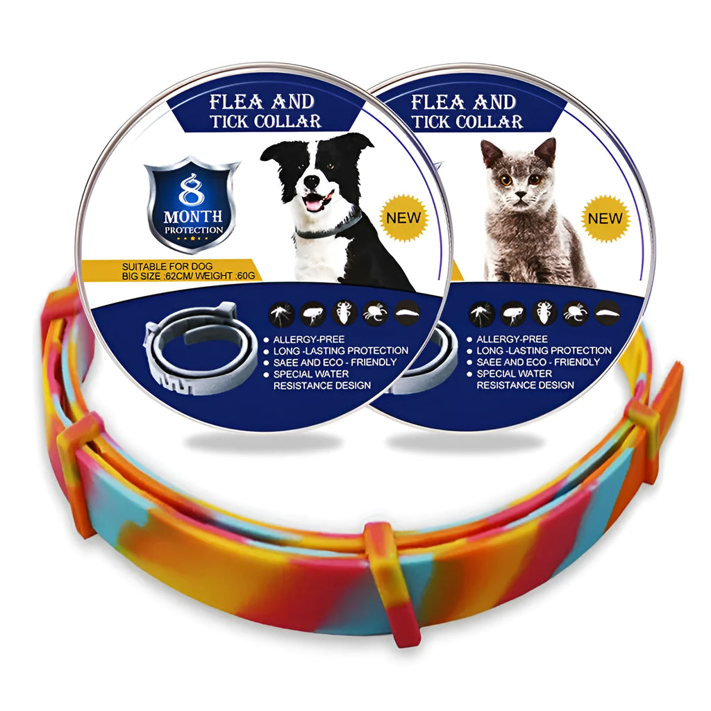 Plastic flea and anti-lice preventing ring collar in 38cm cat and 62cm dog sizes with rainbow packaging
