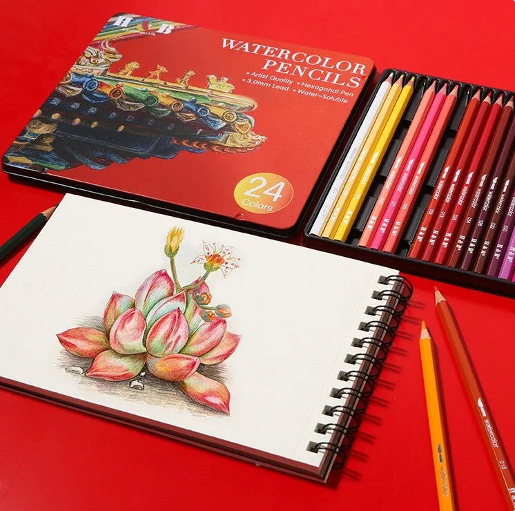 Water-soluble coloured pencils set with 24 wooden barrel colours in iron storage box HB-WPTB024