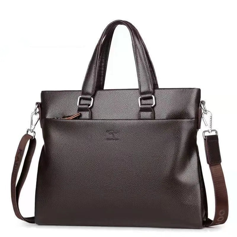 Men's black and brown PU leather business messenger bag with splicing style details