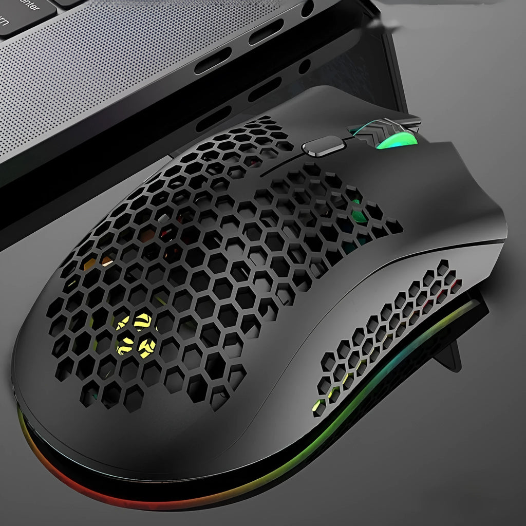 Wireless hollow-out computer mouse with glowing side panels in cyan colour