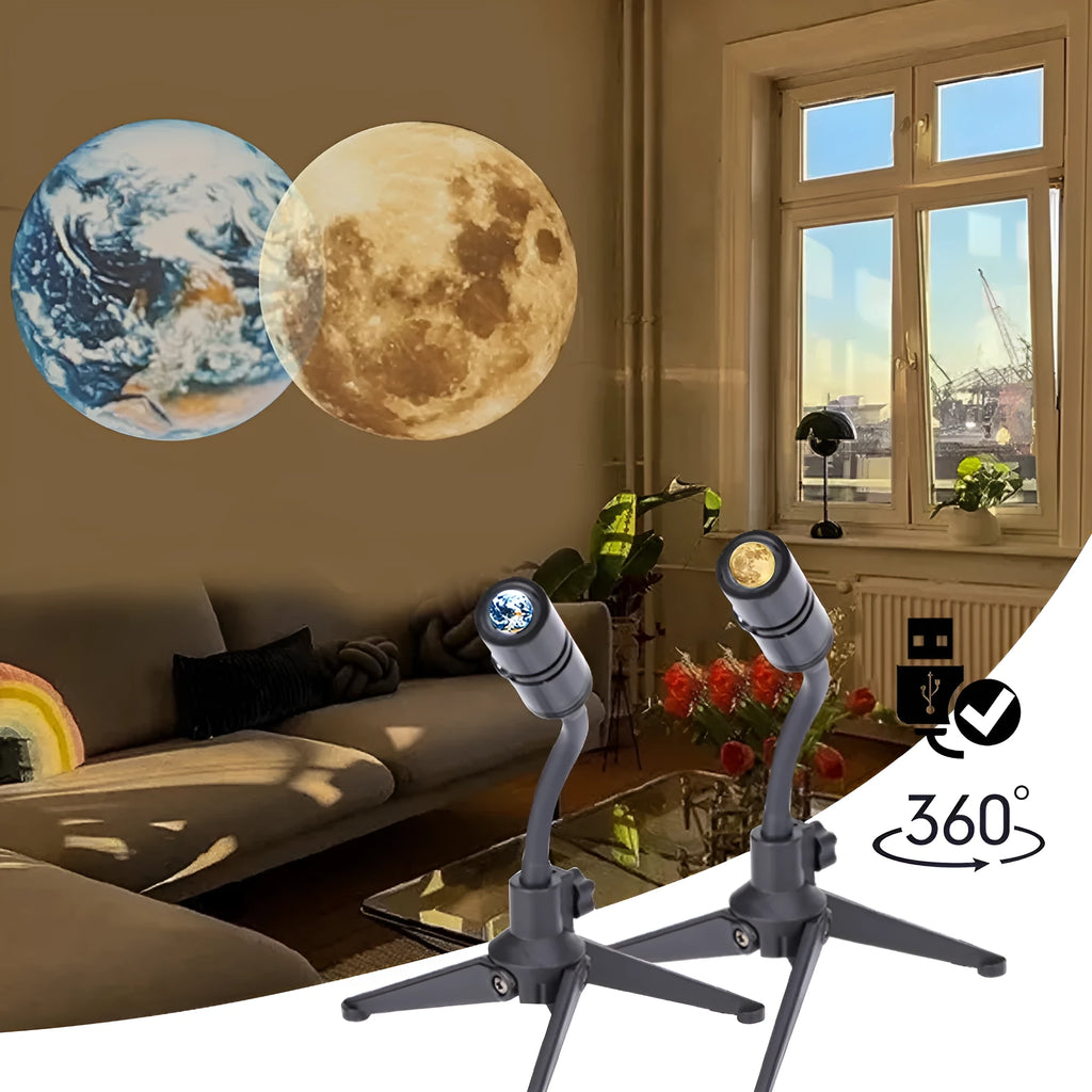 USB-powered earth and moon star projector night light with adjustable hose bracket on a bedside table.