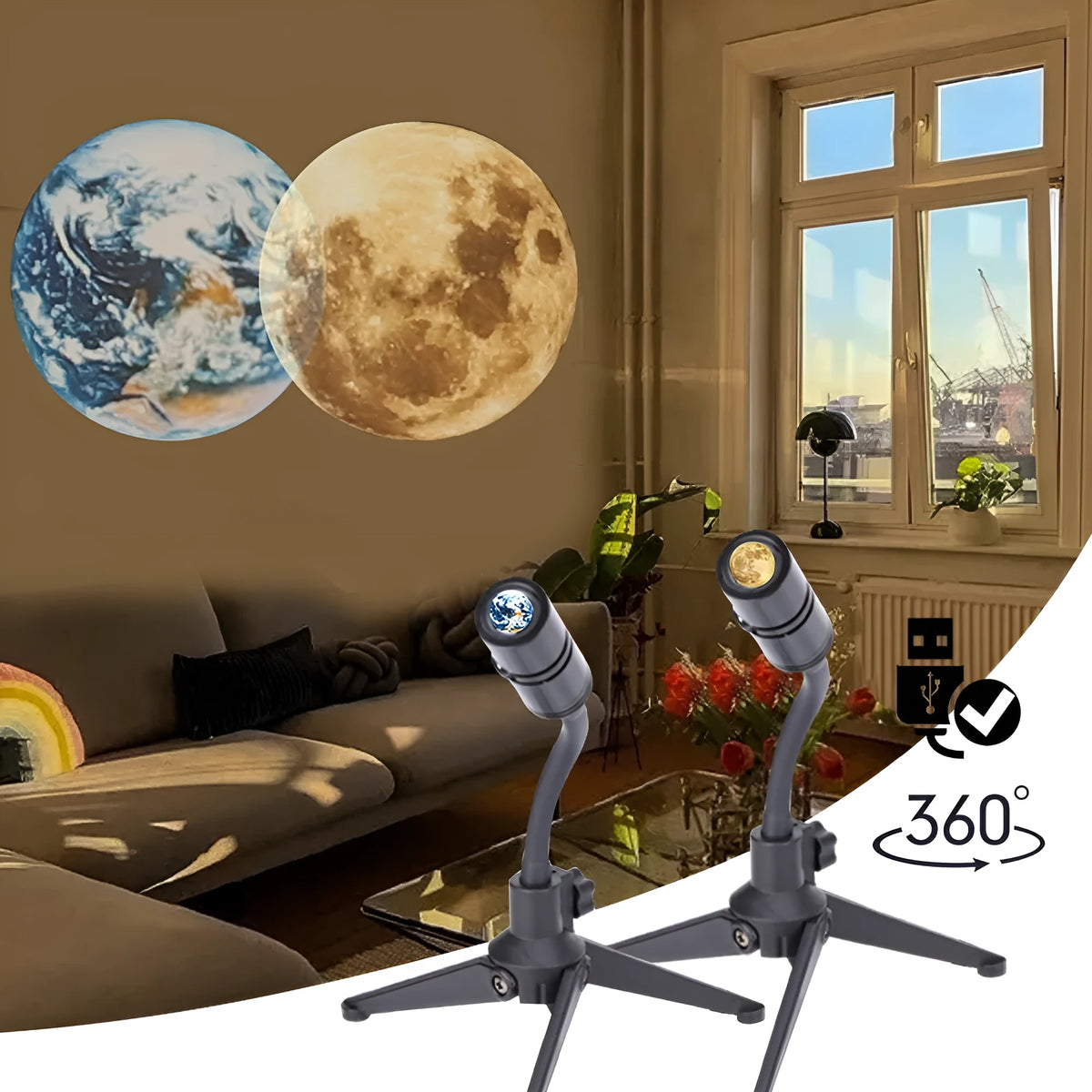 USB-powered earth and moon star projector night light with adjustable hose bracket on a bedside table.