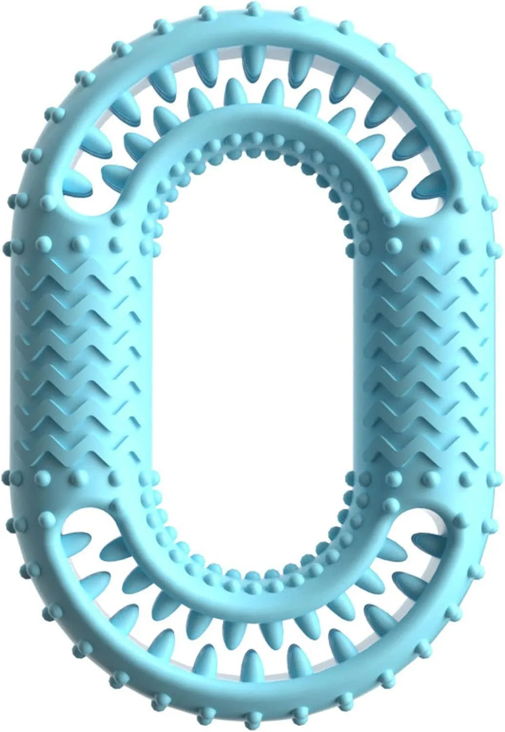 Blue green pink O-ring shaped dog chew toy for aggressive chewers measuring 12.5 by 8.6 centimetres