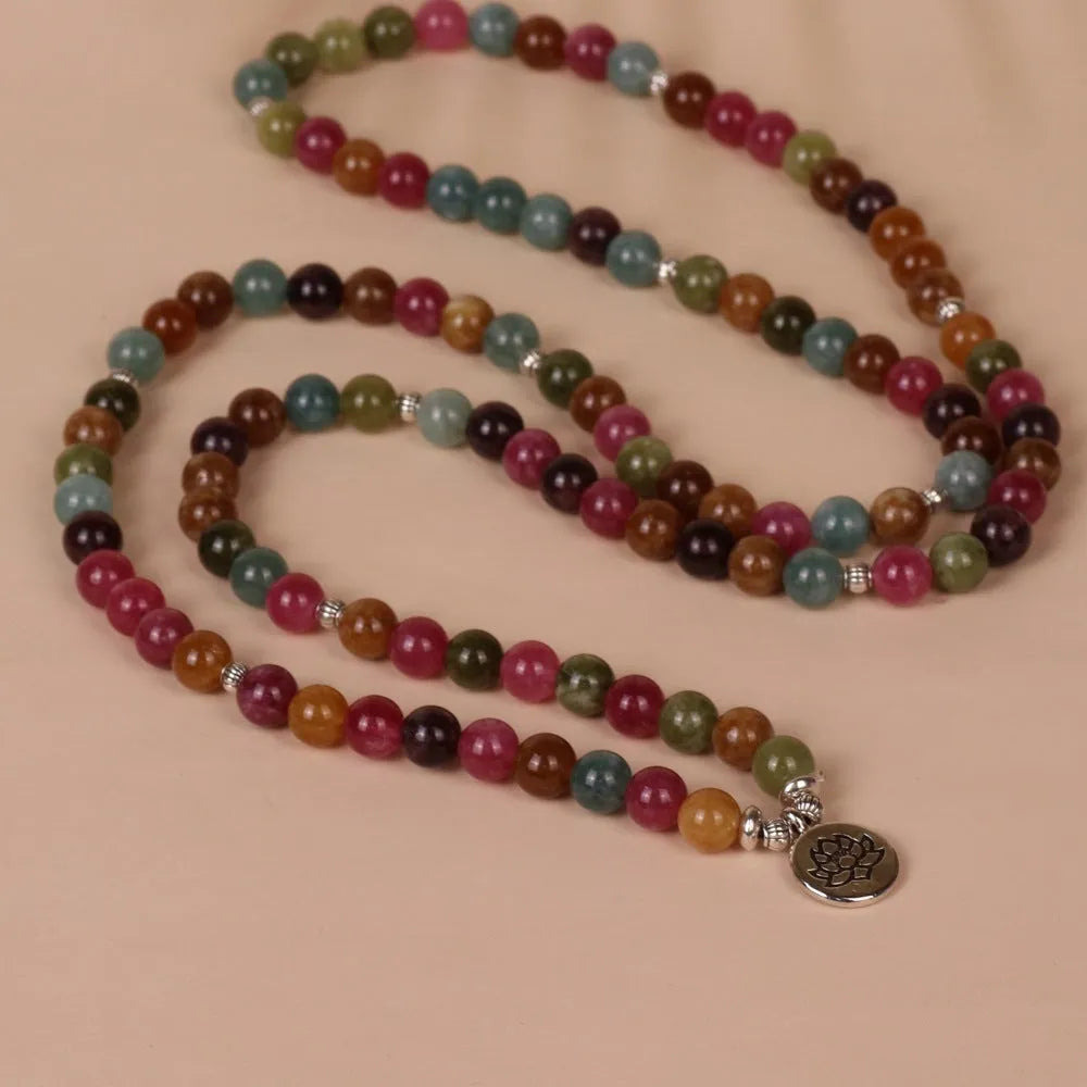 Lotus 108-bead hanging bracelet with multi-layer design in tourmaline colour and alloy construction