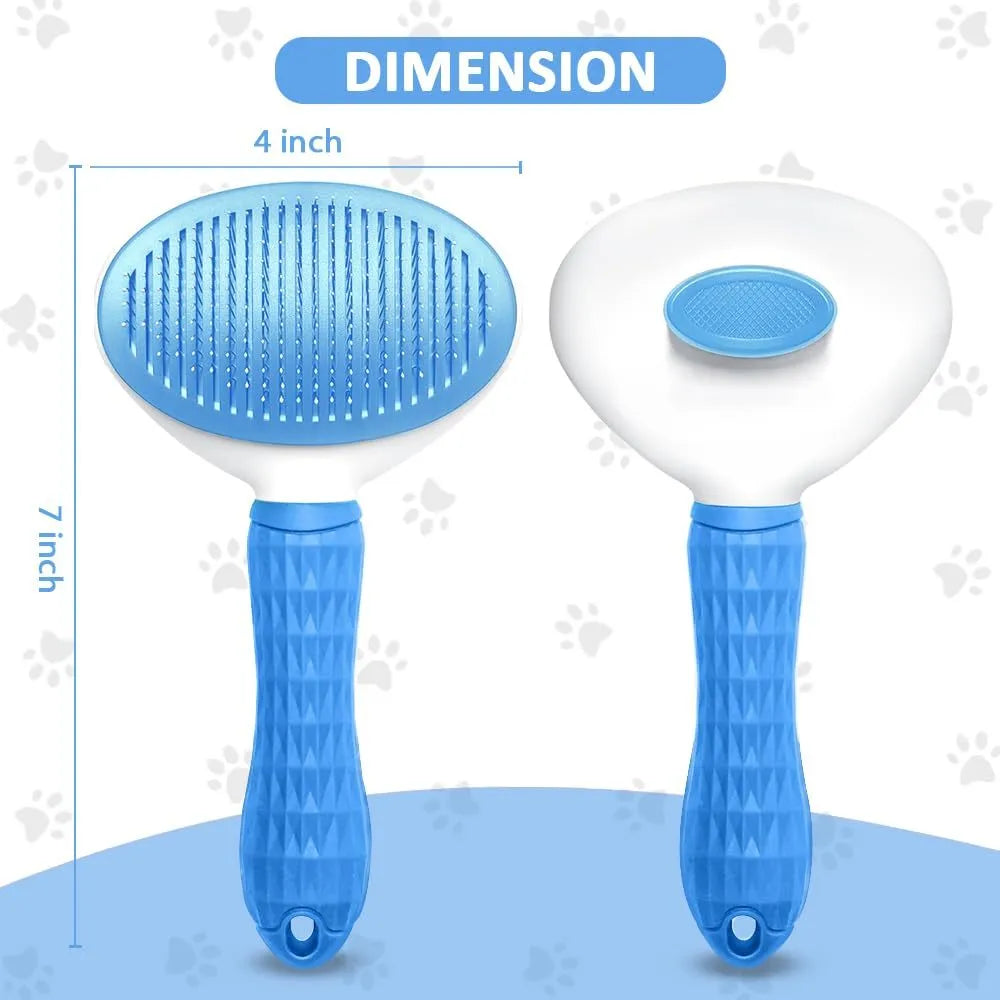 Blue cat grooming brush with a release button and fine wire bristles for pet hair removal