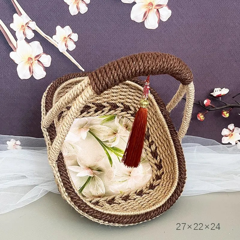 Hand-woven hemp rope basket in pastoral retro style measuring 19cm by 12cm