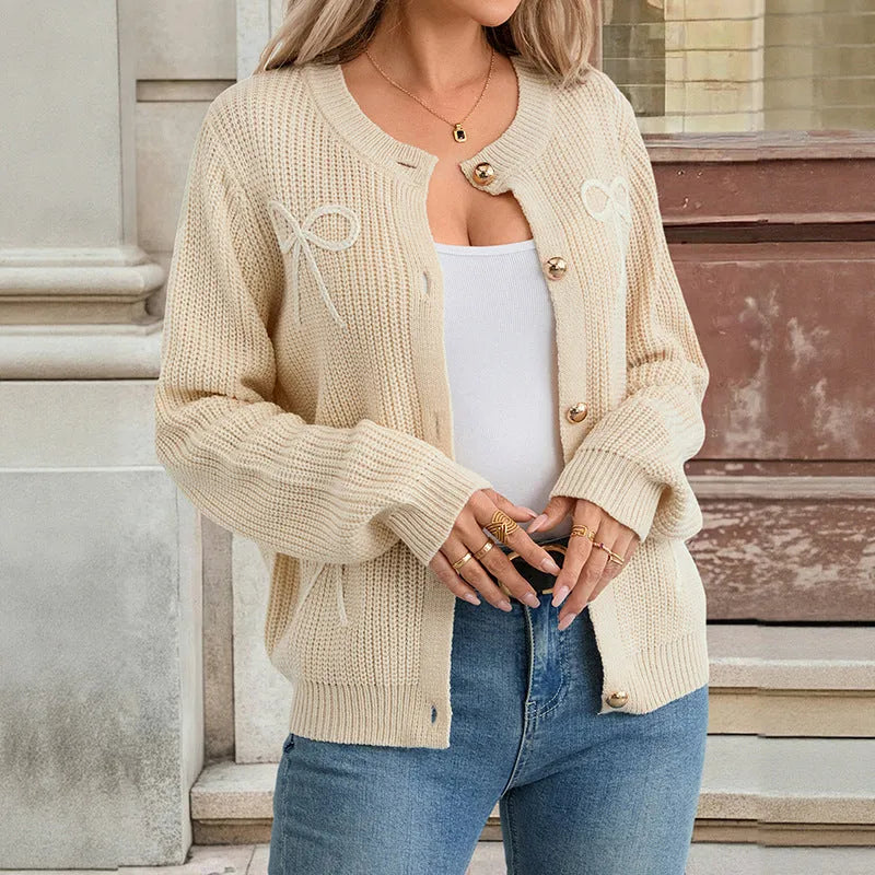 Women's light khaki bow cardigan coat with long sleeves and button front in sizes S, M and L