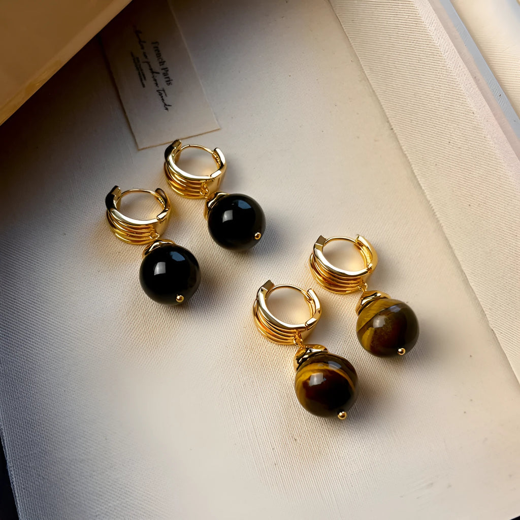 Gold-plated tigereye geometric earrings with circular details in brown or black French retro style