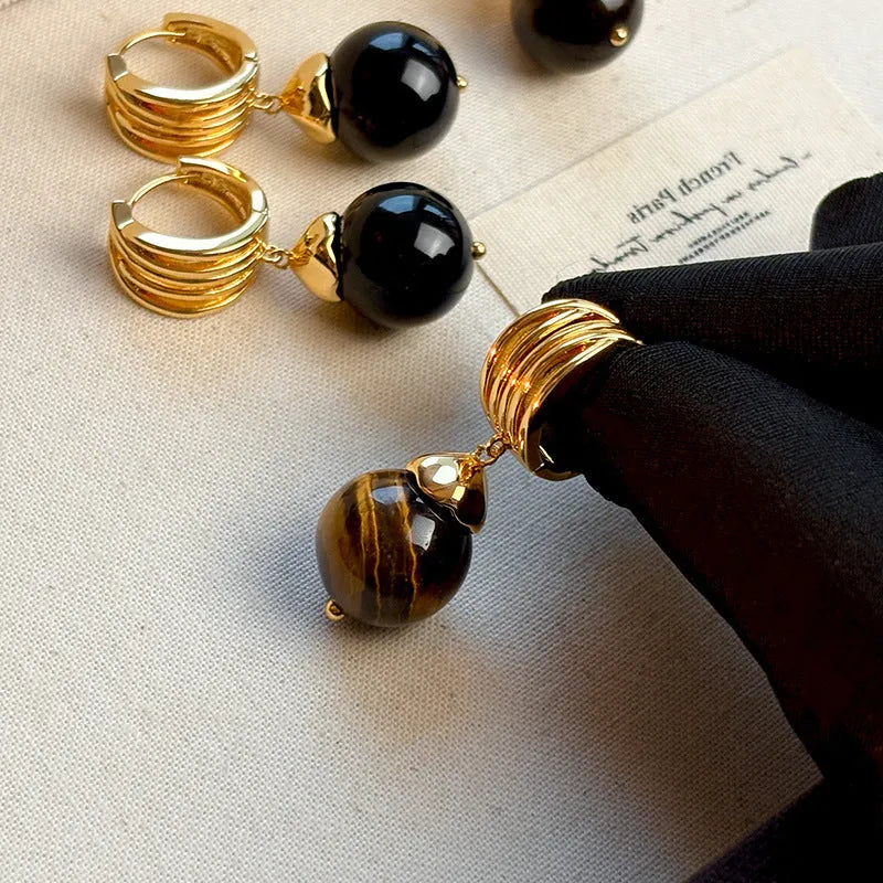 Gold-plated tigereye geometric earrings with circular details in brown or black French retro style