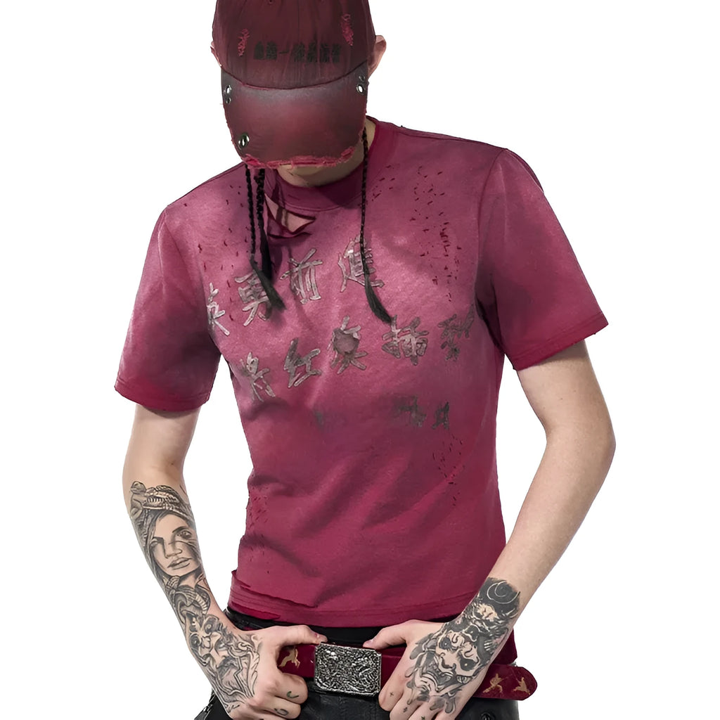 Men's red slim-fit distressed t-shirt with washed finish and short sleeves