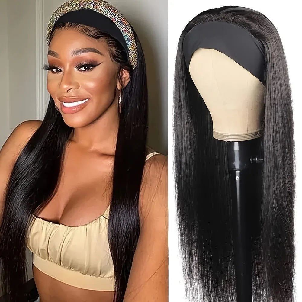 Headband wig with synthetic high temperature fibre hair in black straight, black curly, and wine red colour options