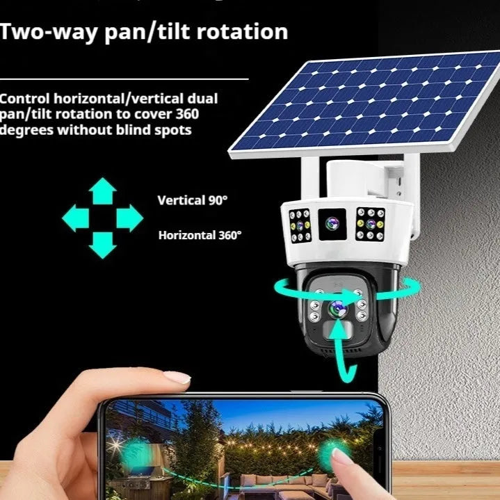 Solar-powered binocular surveillance camera for outdoor security monitoring