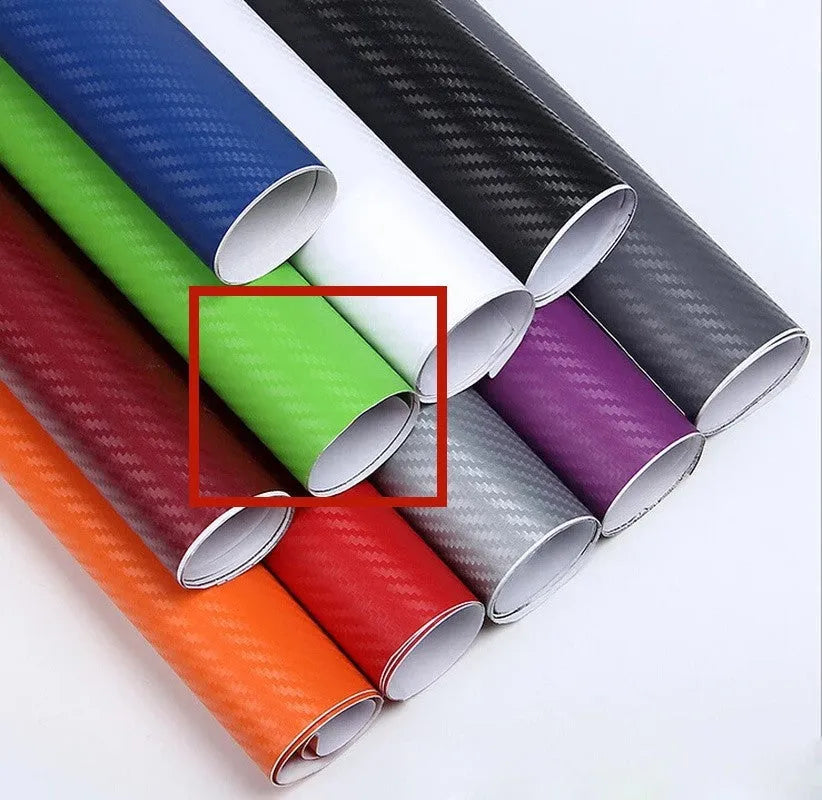 Roll of 3D carbon fibre sticker in assorted colours, showing texture and scale next to a 30cm ruler.