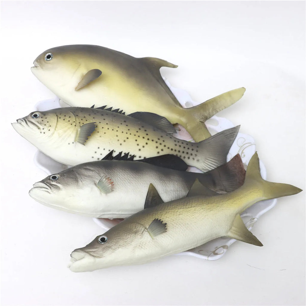 Three PU simulated fish ornaments showing yellow-fin tuna, small tuna and flower fish ocean creature models