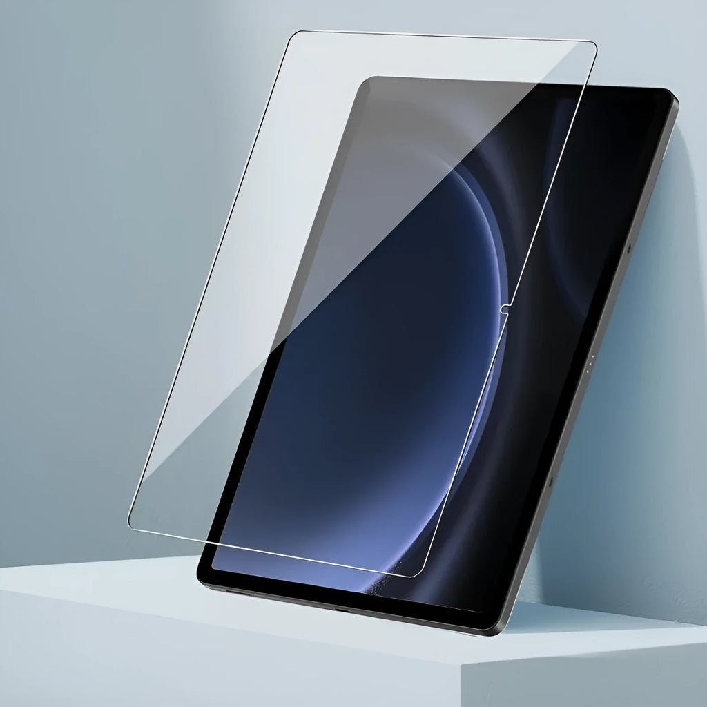 Two Samsung Galaxy tablet screen protectors made of HD tempered glass in a leather storage bag.