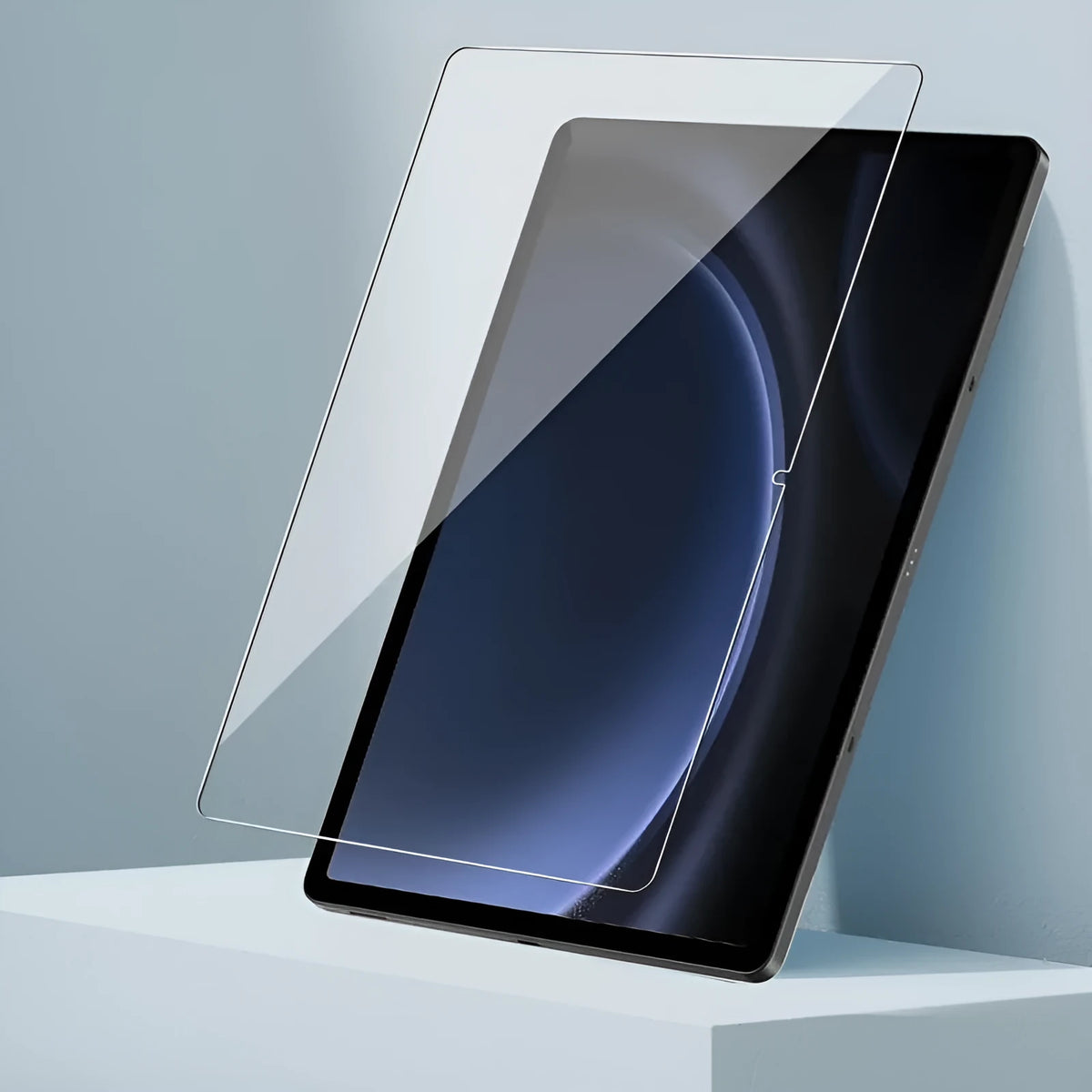 Two Samsung Galaxy tablet screen protectors made of HD tempered glass in a leather storage bag.