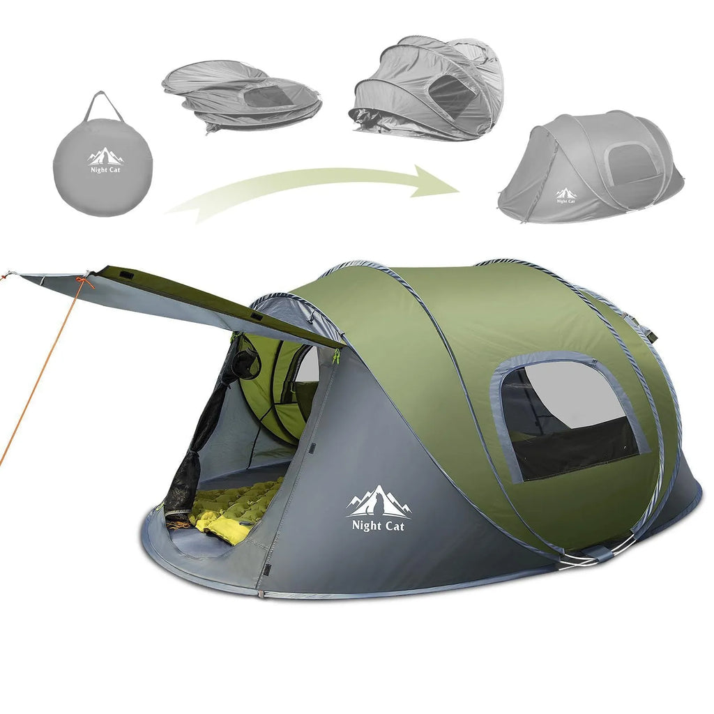 Dark green automatic pop-up camping tent with compact dimensions suitable for two people