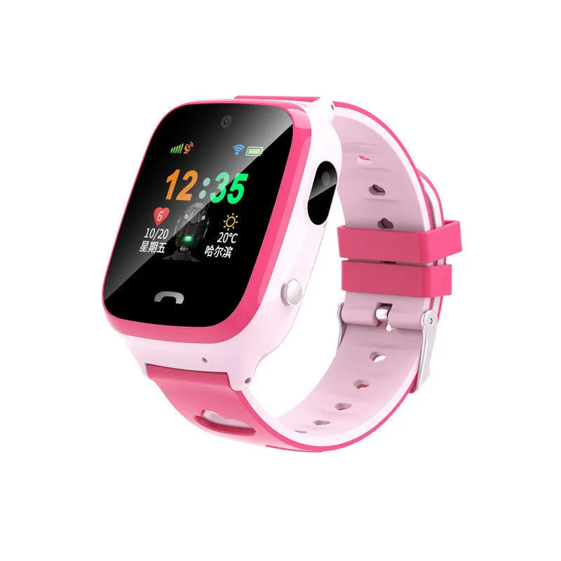 Children's blue silicone strap smart watch with HD touch screen showing GPS location interface.