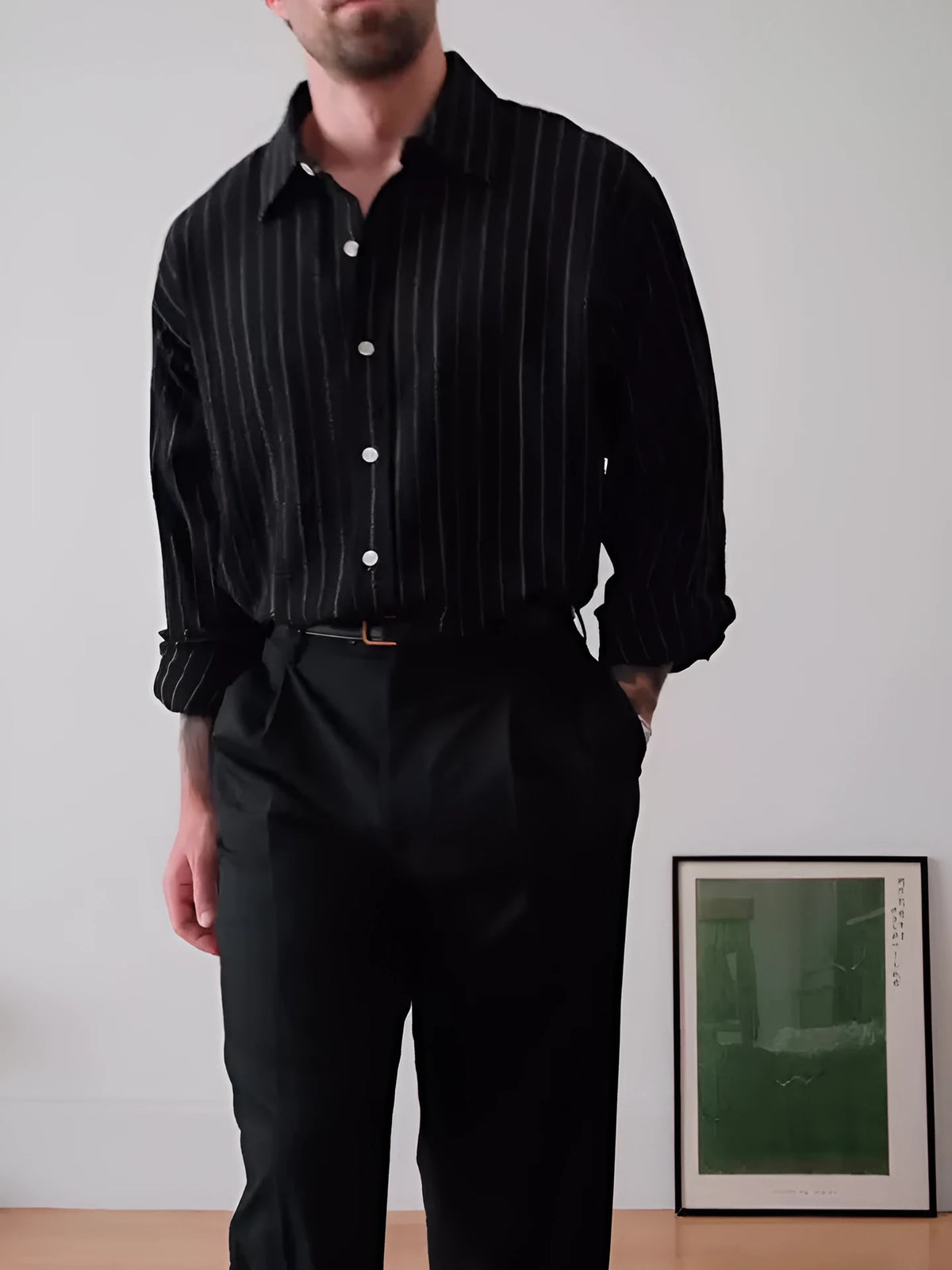 Men's black pinstriped button-down shirt with regular fit and striped design