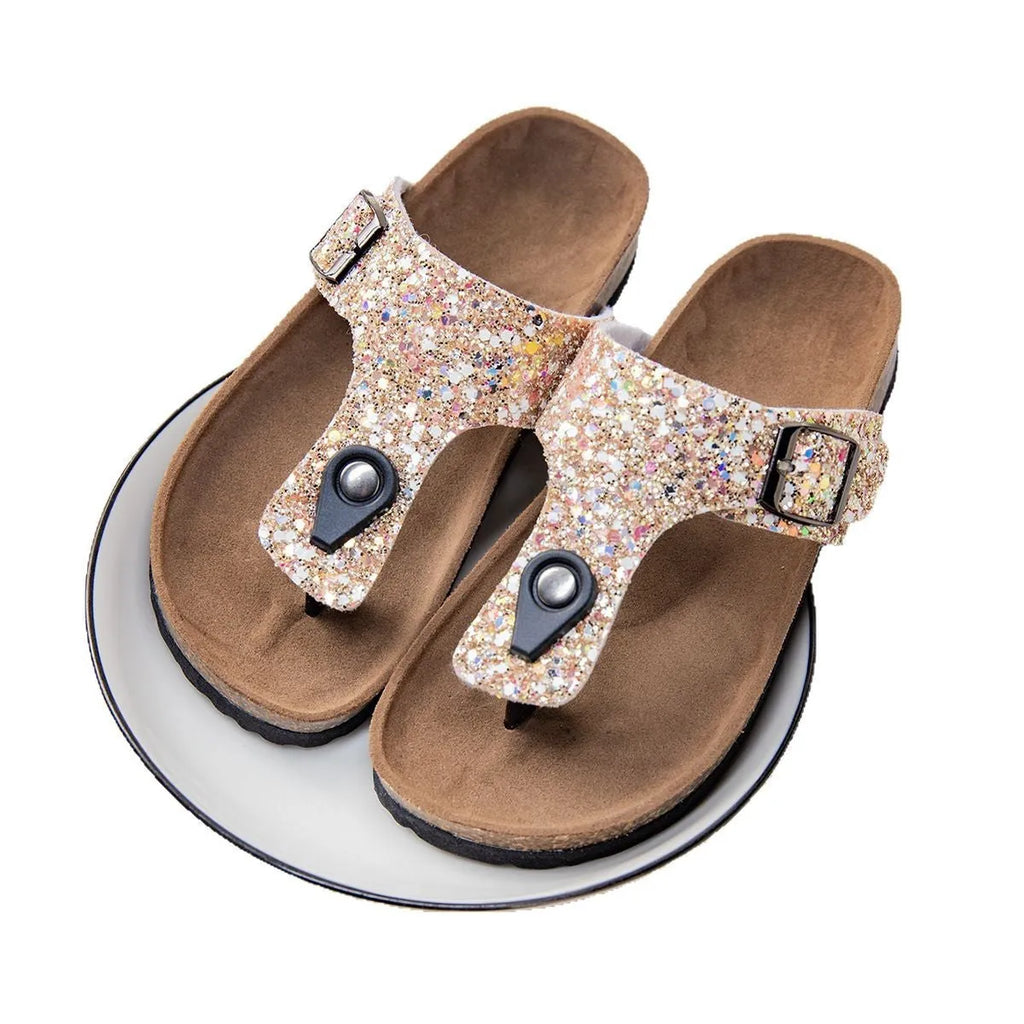 Cork couples flip-flops in pink silver gold colours with PVC soles and artificial leather uppers