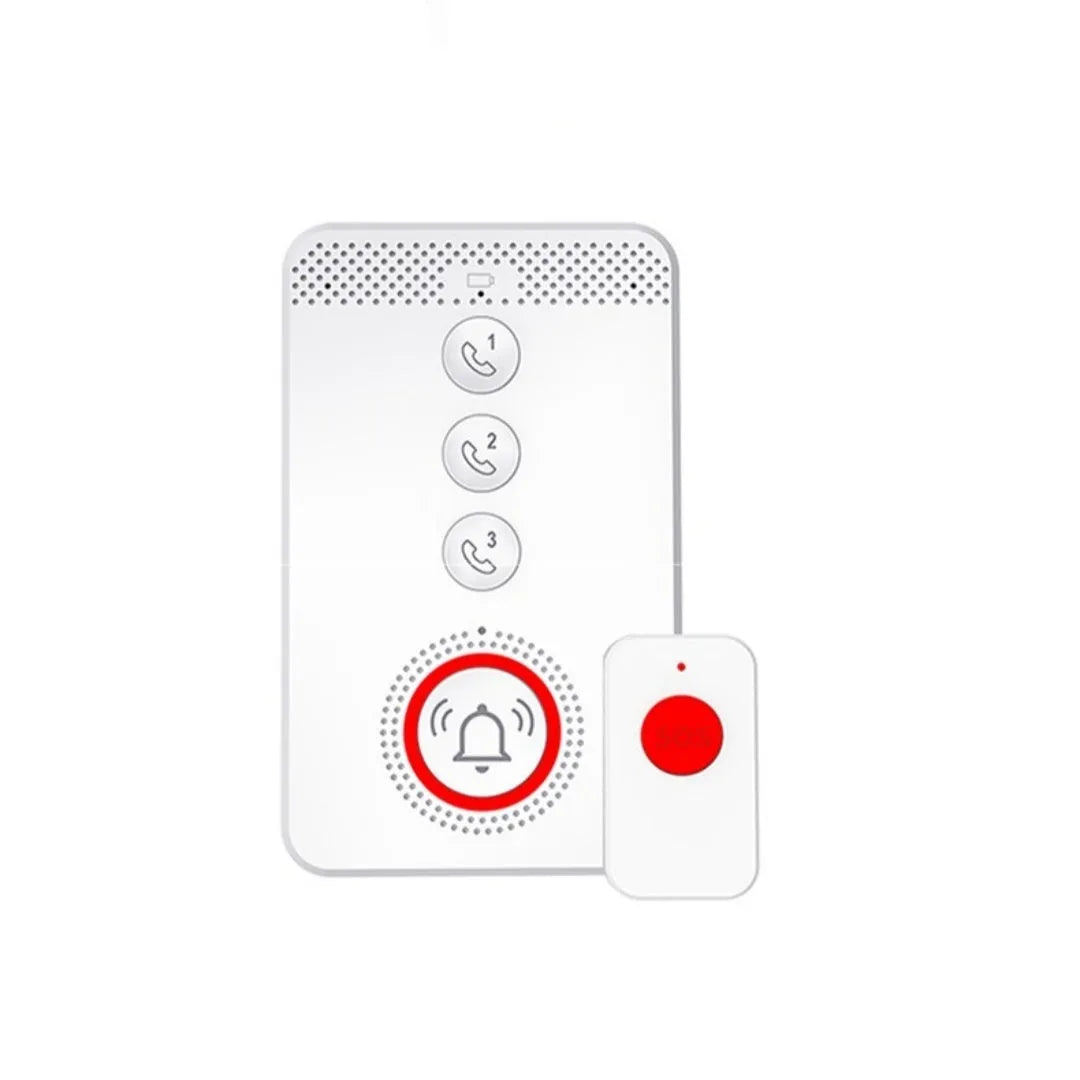 White emergency alert device with central buzzer unit and three wireless button pendants for elderly care