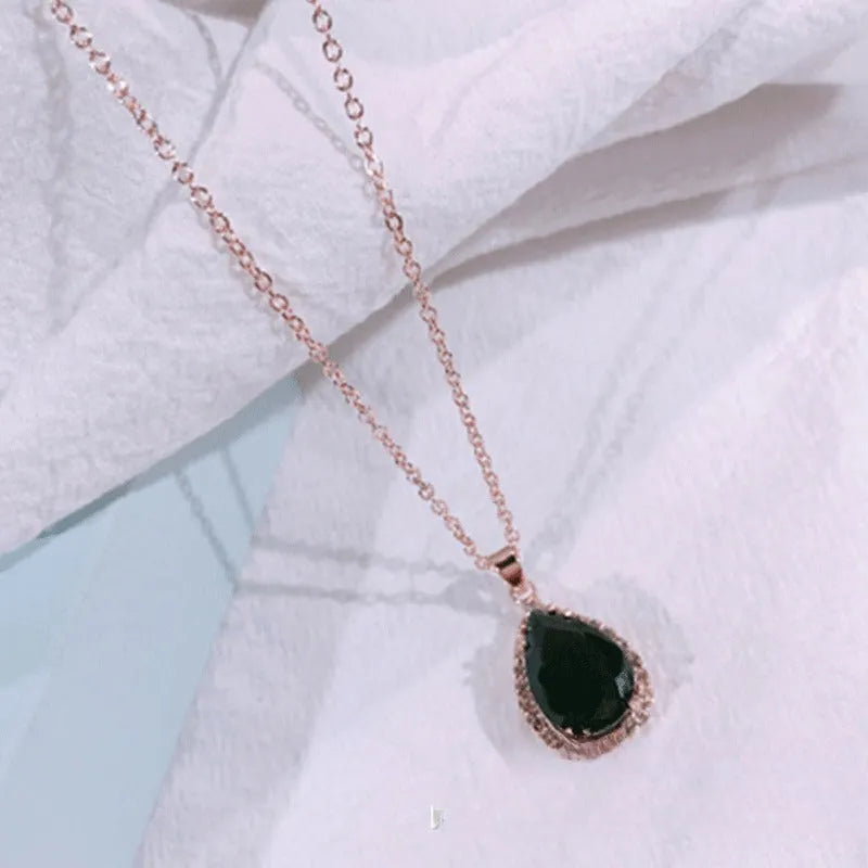 Rose gold pink women's geometric rhinestone necklace with drop shape pendant