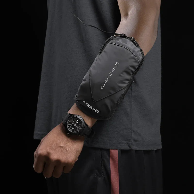 Reflective running arm bag with 7-inch capacity shown in black with reflective strips for night safety