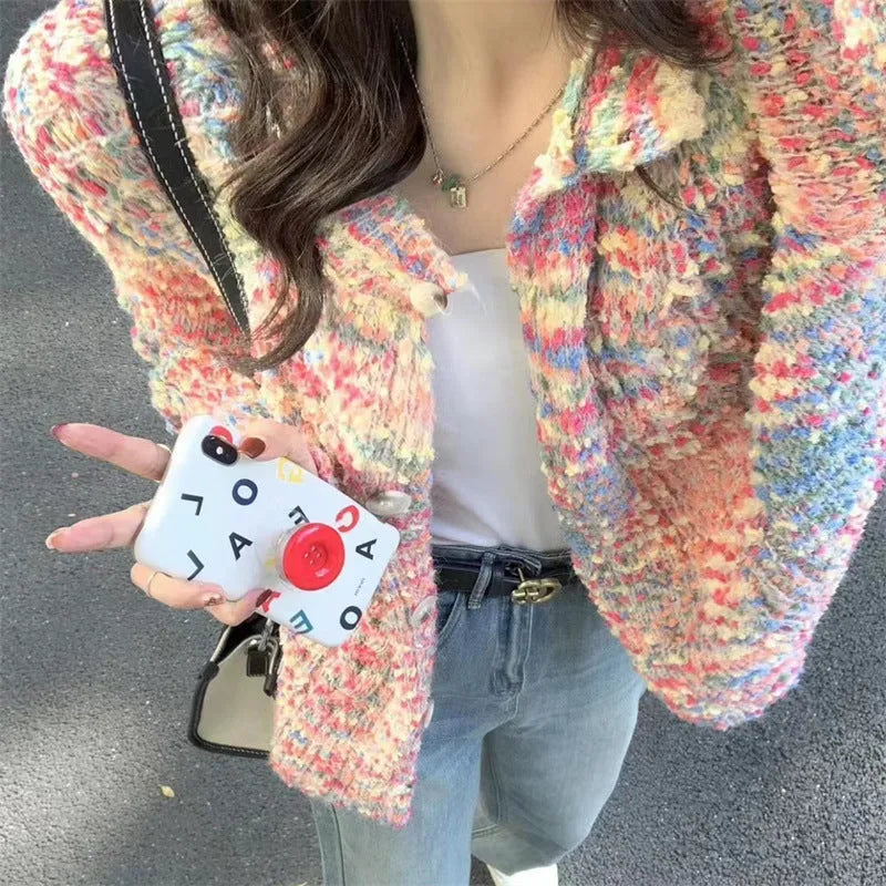 Gentle idle style knitted rainbow cardigan sweater in pink or green colour with slim fit design