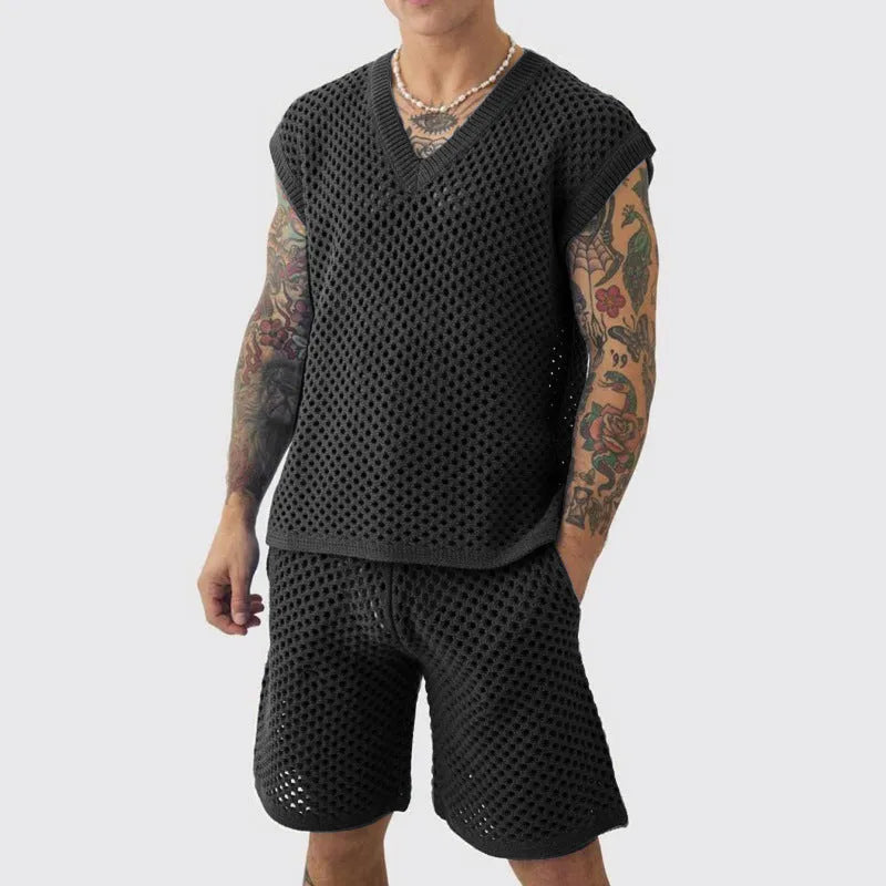 Men's blue V-neck knitted vest and matching shorts sports suit set for summer activities