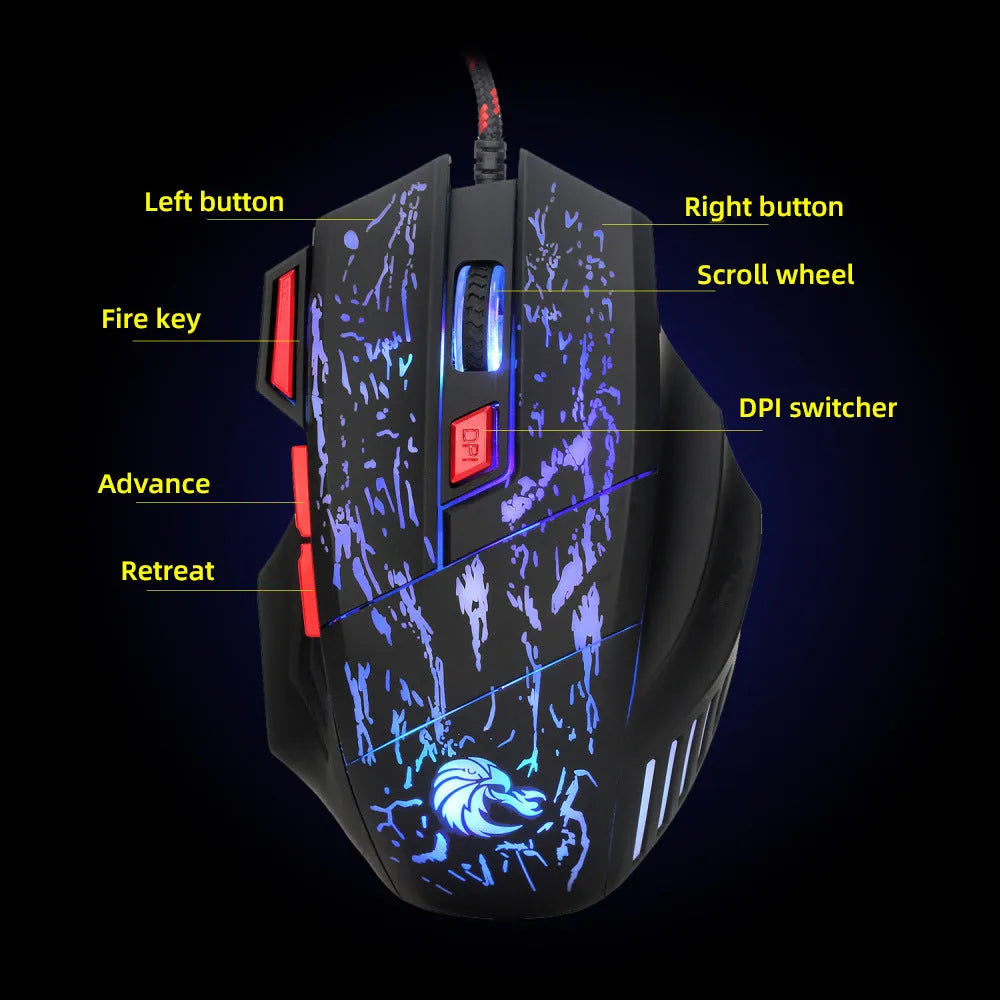 Colourful luminous wired gaming mouse with USB cable and ergonomic design for desktop PCs