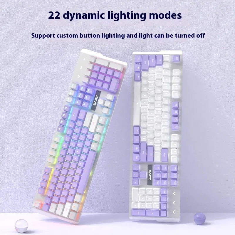 Purple and white mechanical keyboard and wired mouse set with backlit keys