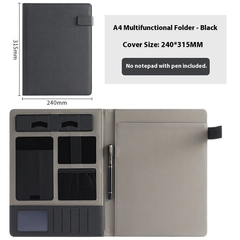 Leather A4 business folder in black, open to show internal notepad and pen.