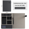 Leather A4 business folder in black, open to show internal notepad and pen.