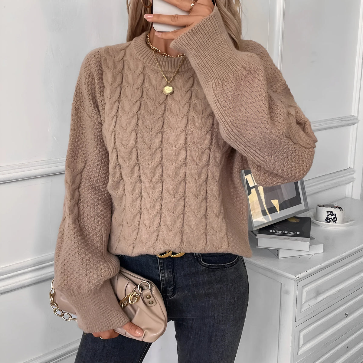 Women's khaki round neck pullover sweater with twist design detail on regular sleeves