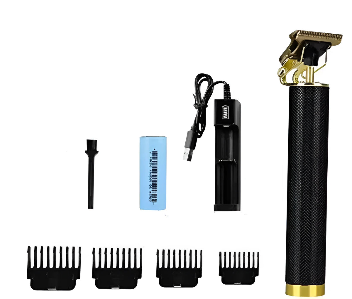 Black rechargeable electric hair clipper with gold steel blade and four guide combs