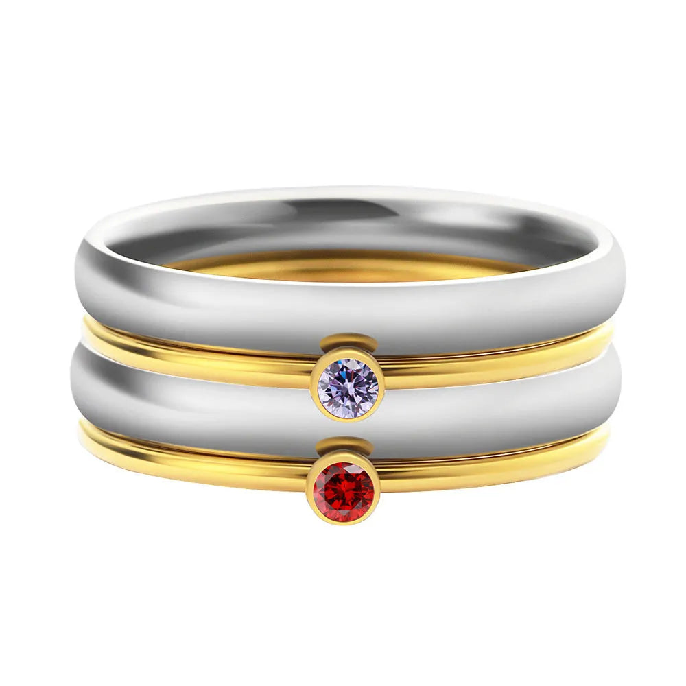 December birthstone geometric engraved titanium steel ring with gold lettering on band
