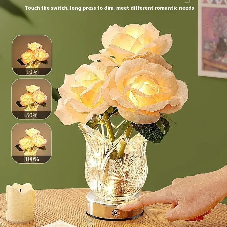 Modern crystal flowers bedside table lamp with touch dimming control on wooden surface