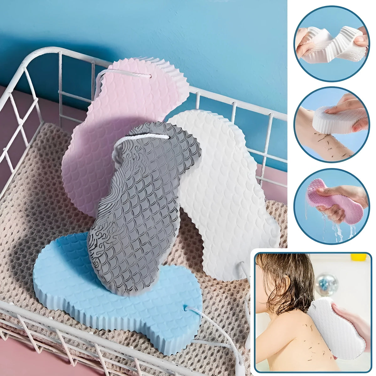 White 3D bath sponge with fish scale pattern for gentle body exfoliation
