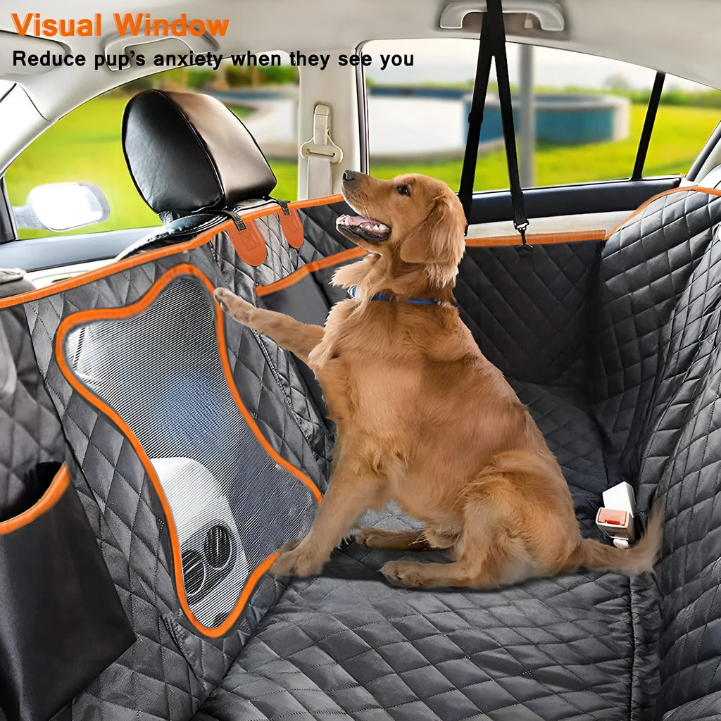 Black and orange edged waterproof pet car mat laid flat, showing mesh window and rear accessory pocket
