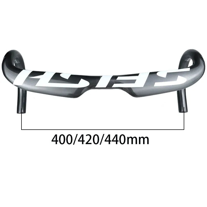 Carbon fibre road bike drop handlebar showing bent shape, available in black and white finishes with size options.