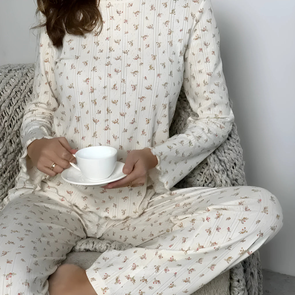 Women's white floral print bell sleeve top and wide leg trousers casual suit