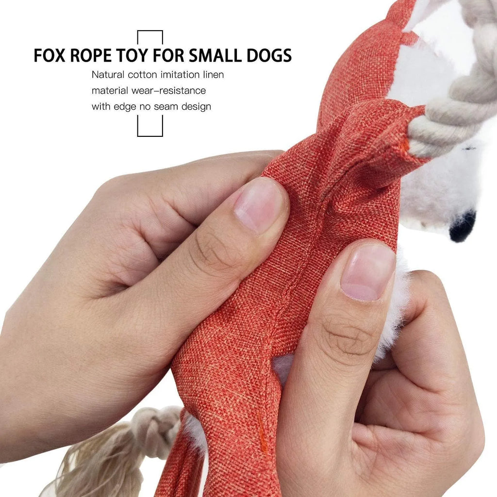 Brown plush fox dog toy with embroidery eyes, cotton rope limbs, and crinkle paper body