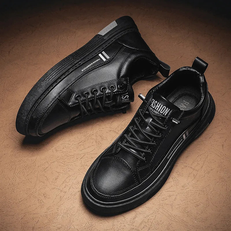 Men's black and white skateboard shoes with elastic band and microfiber upper