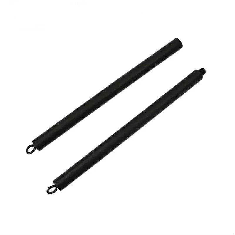 Two-segment push-and-pull fitness stick with attached rope next to its carrying bag.