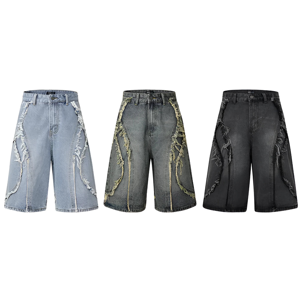 American Pu Shuai distressed raw edge denim shorts in black, shown front and back.